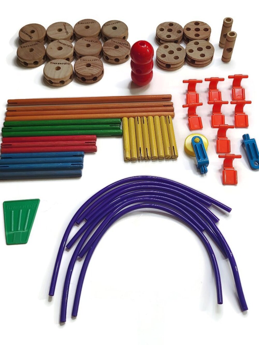 Lot Of 50+ TinkerToy Misc Parts Pieces | Rods Spools Wheels Pulley Flag Tubes
